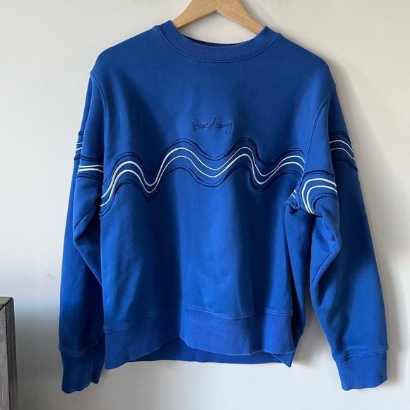 House of Sunny Make it Rain Sweatshirt in vivid royal blue w/ abstract wave - Picture 3 of 12